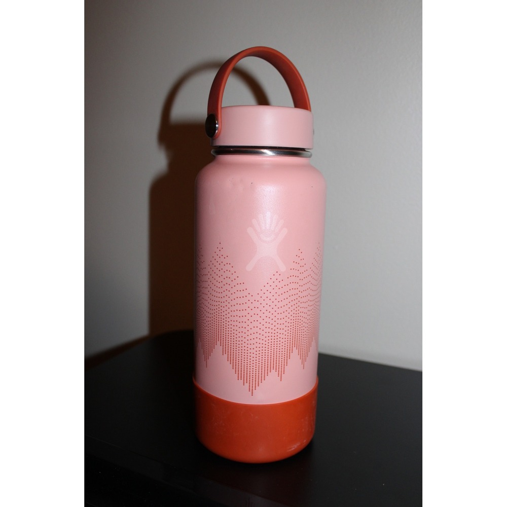 Hydro Flask 32 oz Wide Mouth Water Bottle Pink Orange Mountain Graphic with Boot